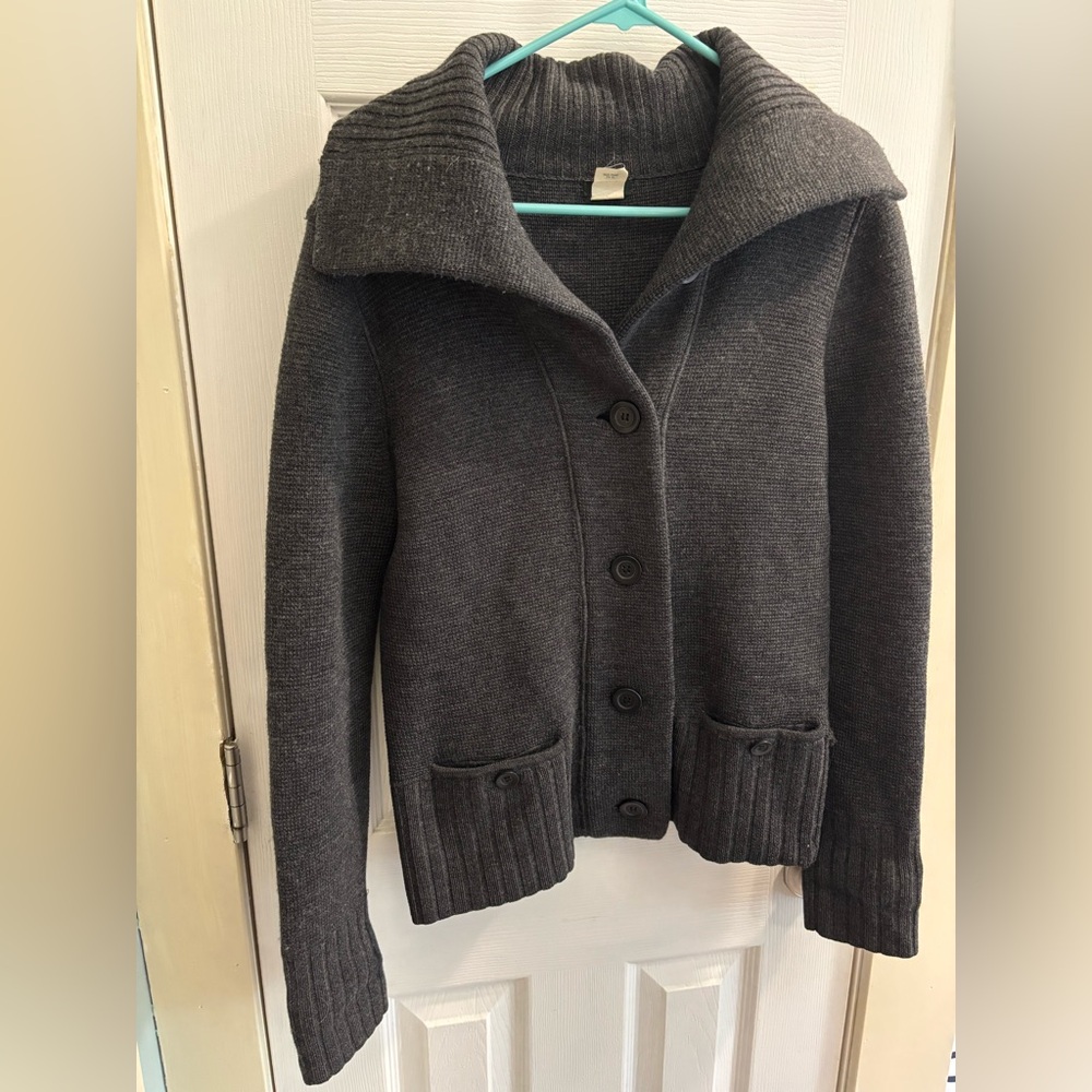 J. Crew Dark Gray 100% Wool Big Collar Button Up Sweater